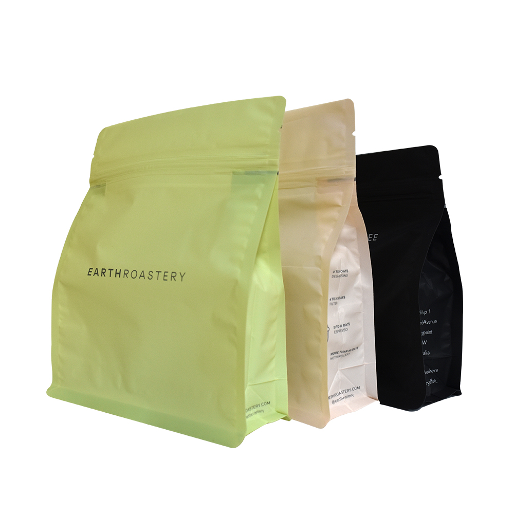 Green Customized Printing compostable Box Bottom biodegradable Coffee Bag Pouch With Valve And Zipper 