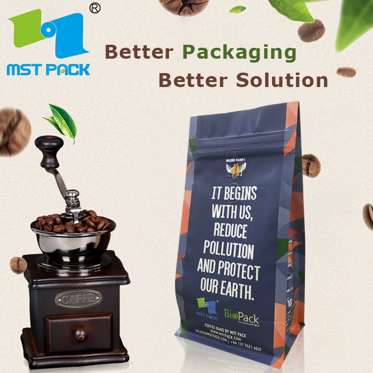 Eco-friendly Food Grade 100% Biodegradable Recyclable Coffee Bean Packaging Bags with Valve