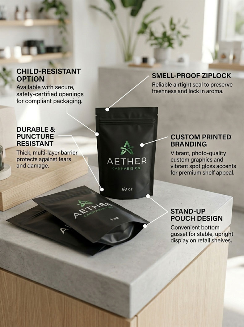 Custom printed recyclable cannabis mylar bags for cannabis flower, edibles, pre-rolls and CBD packaging. Custom printed recyclable cannabis mylar bags for cannabis flower, edibles, pre-rolls and CBD packaging.