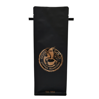 Plastic Laminated Coffee Pouch Tintie Resealable Flat Bottom Bag Gold Color Custom Printed Packaging