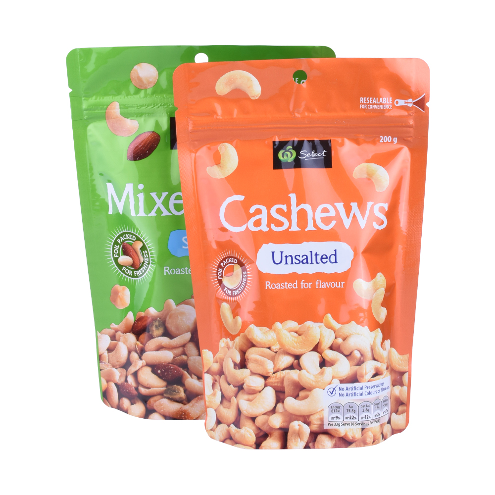 Food Grade Resealable Stand Up Pouch Aluminum Printed Nuts Packaging Top Zipper Customized Flexible Bag