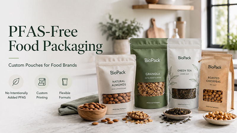 Custom PFAS-free food packaging pouches by BioPack Custom PFAS-free food packaging pouches by BioPack