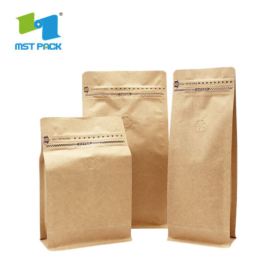 Wholesale High Quality Custom Printed Packaging Biodegradable Block Bottom Kraft Paper Coffee Bags Valve