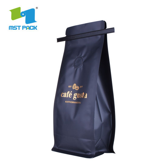 Wholesale Luxury Custom Printed Tin Tie Flat Bottom Bio Coffee Bean Bag /Aluminum Foil Side Gusset Quad Seal Compostable Packaging Ziplock Coffee Bag with Valve