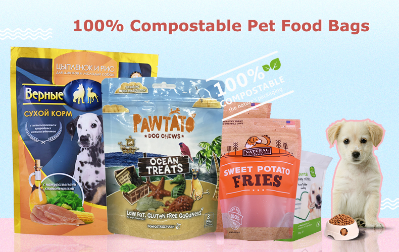 Sacs de nourriture pour animaux de compagnie à 100% compostables