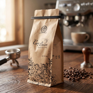 Zertifizierte kompostierbare Kaffeebeutel mit Rei&szlig;verschluss und flachem Boden im Werksverkauf mit Ventil und Blechbinder