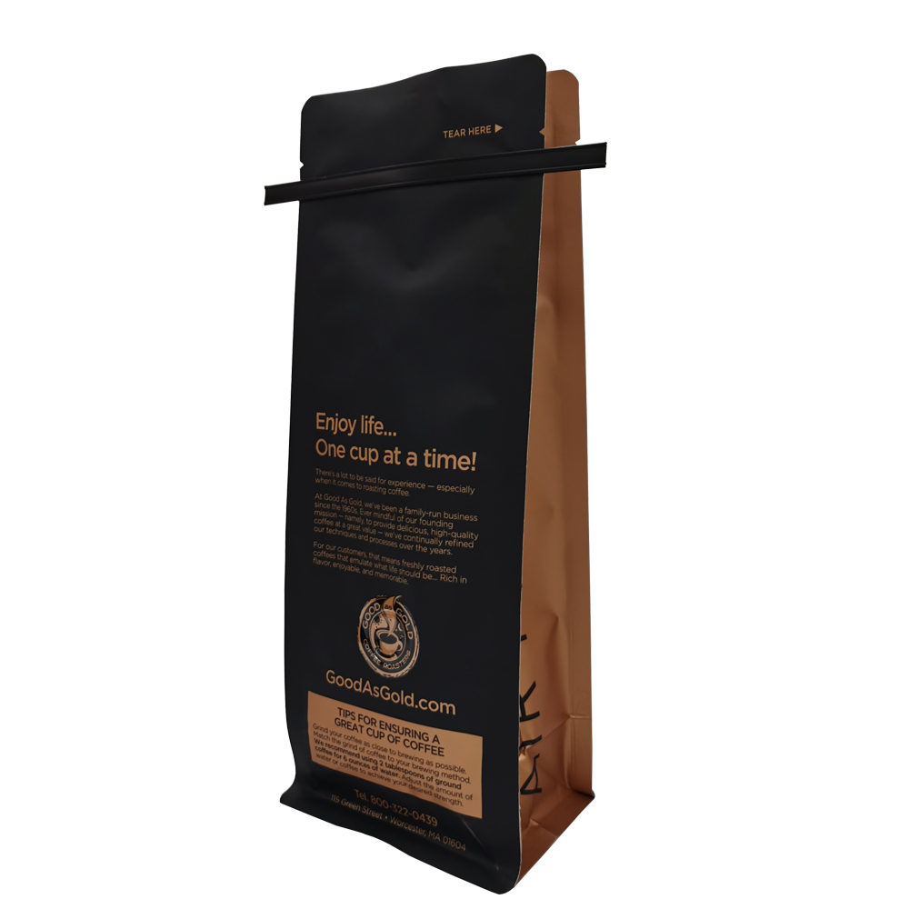 Plastic Laminated Coffee Pouch Tintie Resealable Flat Bottom Bag Gold Color Custom Printed Packaging