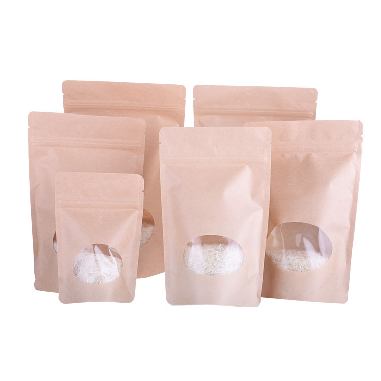 Biodegradable Kraft Standing Pouch Unprinted Inventory Bags Food Grade Clear Window Packaging For Sale