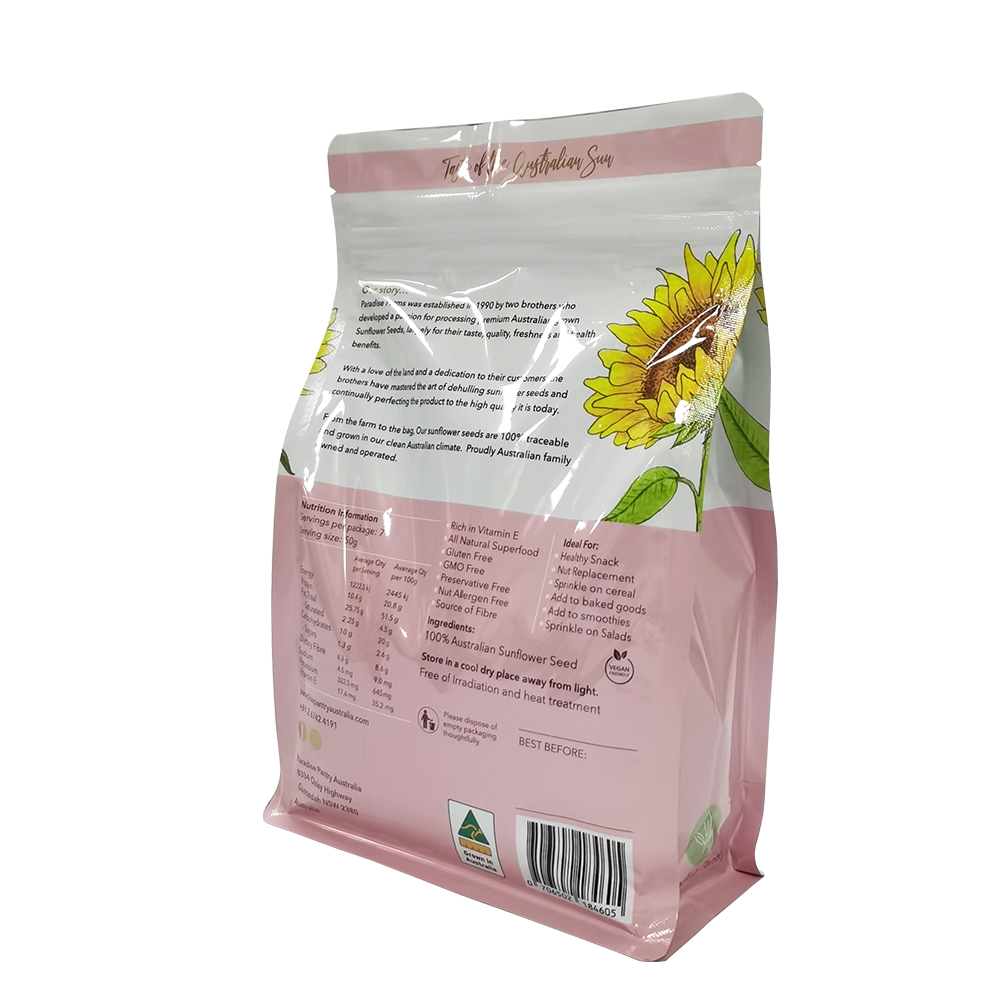Glossy Digital Printing Sunflower Seeds Snacks Packaging Flat Bottom Bag Aluminum Laminated Food Grade Pack