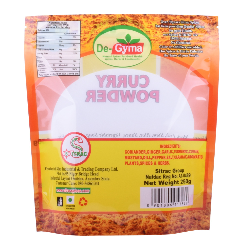 Rempah -rempah bubuk kari kari kari yang dapat digunakan kembali rempah -rempah cetak doypack yang fleksibel 250g tas daur ulang