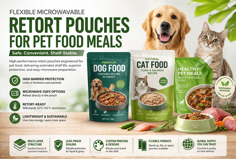 flexible retort pouch packaging for pet food