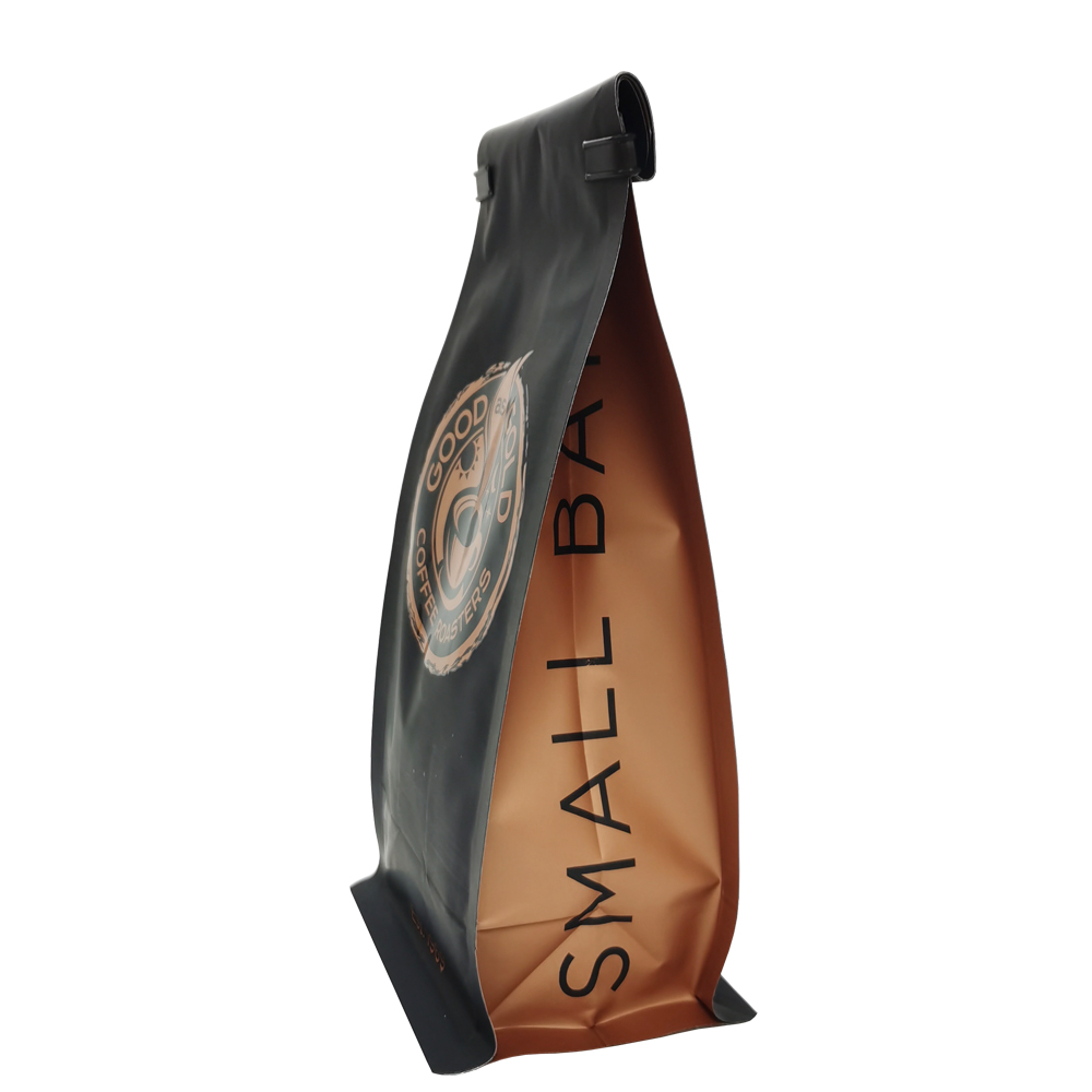 Plastic Laminated Coffee Pouch Tintie Resealable Flat Bottom Bag Gold Color Custom Printed Packaging