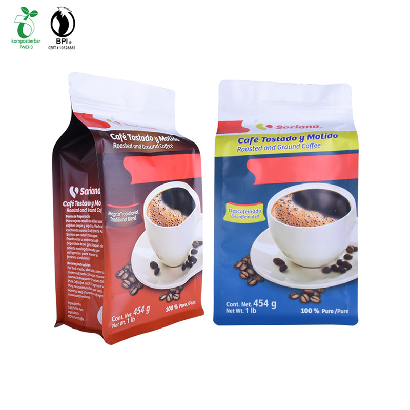 Custom Print Corn Starch Plastic Square Bottom Coffee Bag With Compostable Zipper and Valve