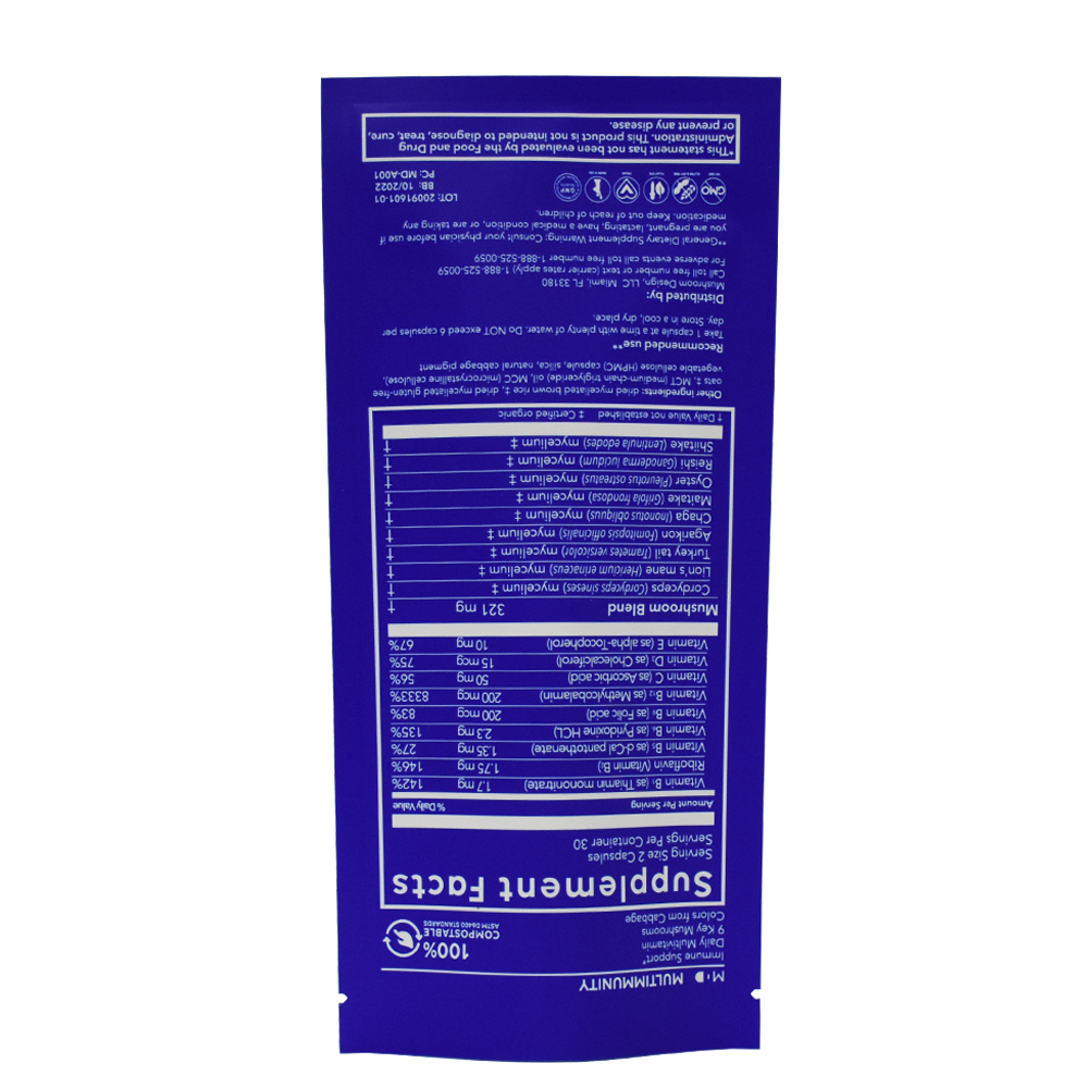 Compostable Mushroom Multivitamin Supplements Packaging Eco Friendly Food Grade Resealable Printed Flexible Superfood Bag