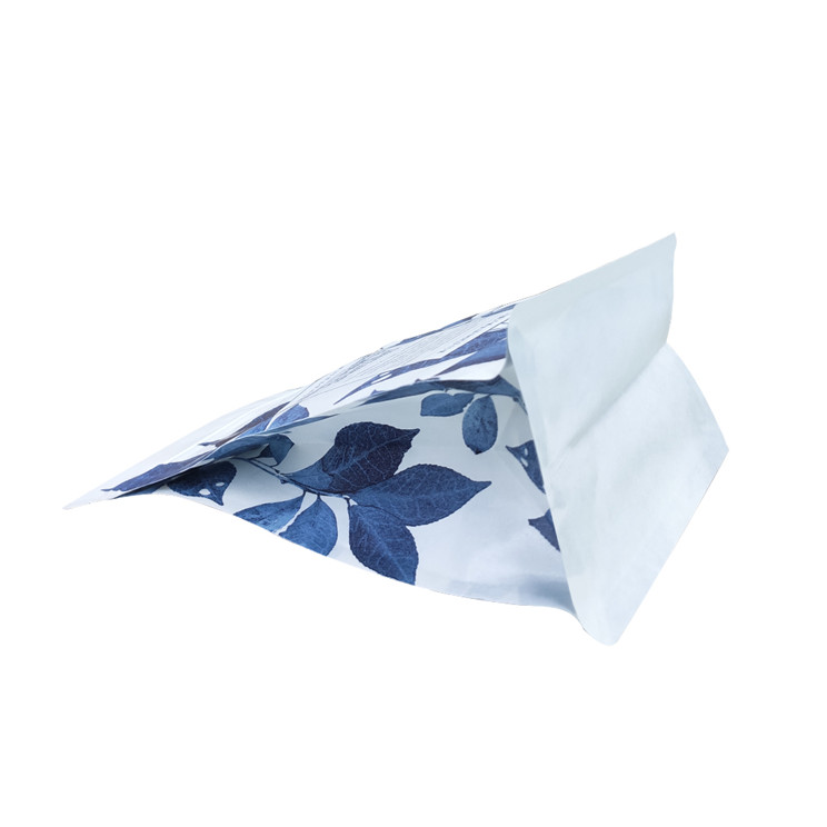 White Kraft Paper Compostable Custom Printed Resealable Loose Tea Packaging 250g Flat Bottom Bag