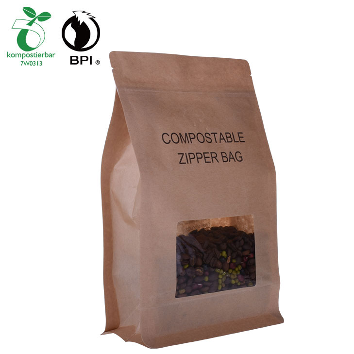 Biodegradable Recycled Kraft Flat Bottom Zipper Food Bag with Window