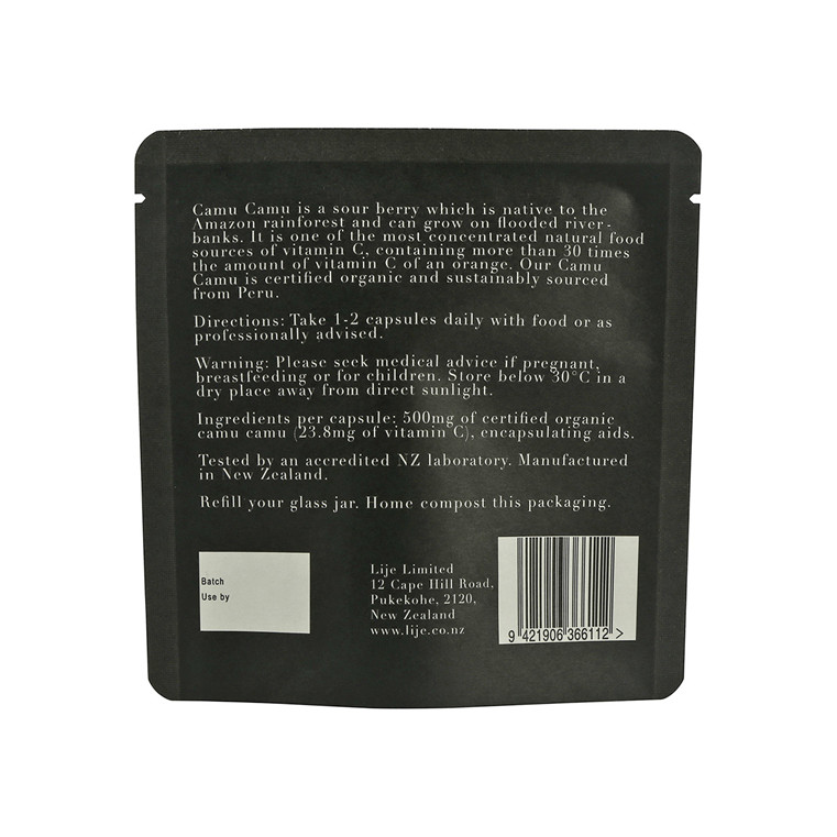 PLA Compostable Black Healthcare Vitamin Kraft Paper Heat Seal Bag