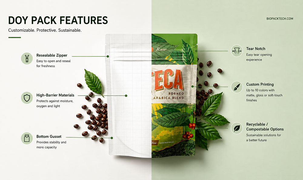 doy pack sizes for different food products