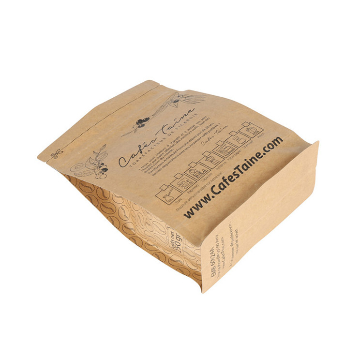 250Gr Kraft Paper Box Bottom Pouch One Way Valve Ziplock Coffee Bag