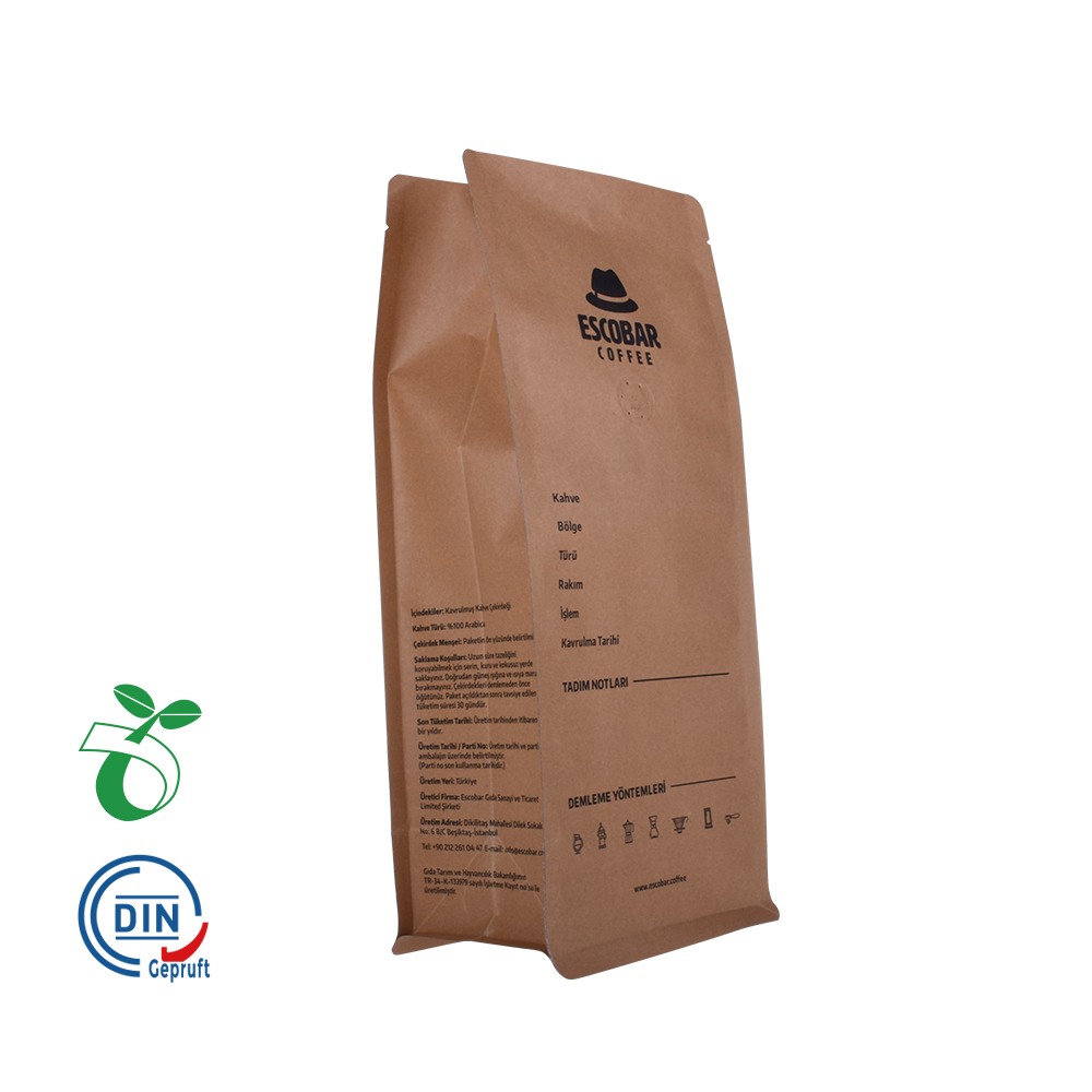 Wholesale kraft bread paper flat bottom pouch 12oz coffee packaging bag zip lock plain bags with valve