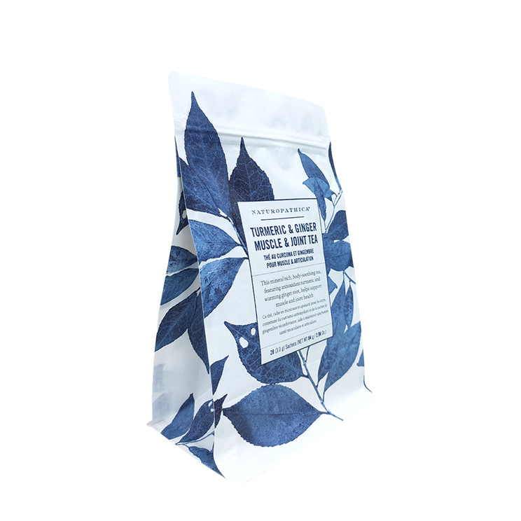 White Kraft Paper Compostable Custom Printed Resealable Loose Tea Packaging 250g Flat Bottom Bag