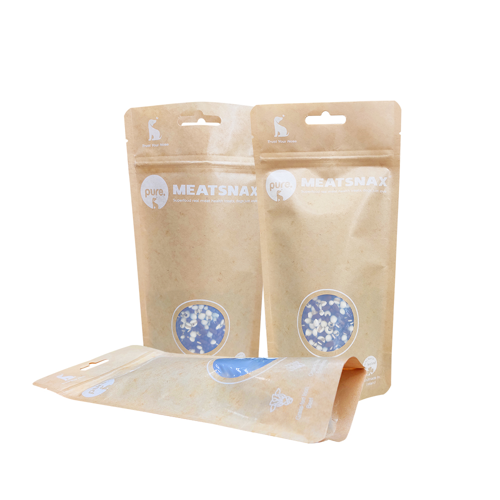 Eco Friendly Kraft Paper Biodegradable Window Packaging Pet Food Treatments Food Grade Zipper Doypack