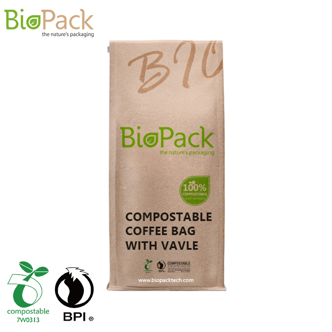 Custom Box Bottom Biodegradable Coffee Bag with One Way Gassing Valve Near Me