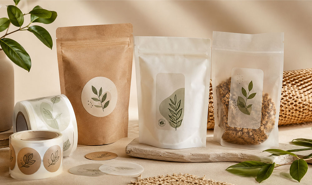 Compostable labels for compostable packaging bags in paper and clear cellulose materials