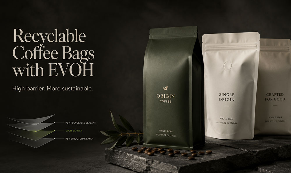 Recyclable coffee bags with EVOH barrier for sustainable coffee packaging