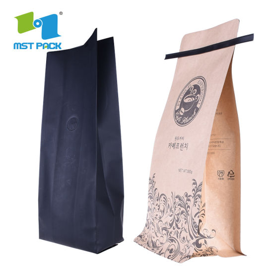 Wholesale Custom Logo Print Flat Bottom Biodegradable Foil Lined Compostable Brown Kraft Paper Tin Tie Coffee Bag with Ziplock