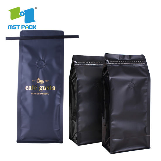 Eco Friendly Custom Logo Print Plast Aluminium Foiled Flat Bottom Bionegradable Coffee Pose med One Way Valve