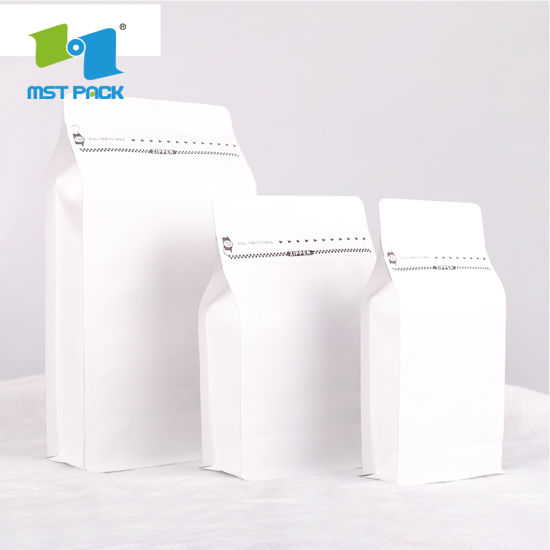 8oz Grounded Coffee Beans Flat Bottom Pouch Biodegradable Bag with One Way Valve Matte Black White Bag
